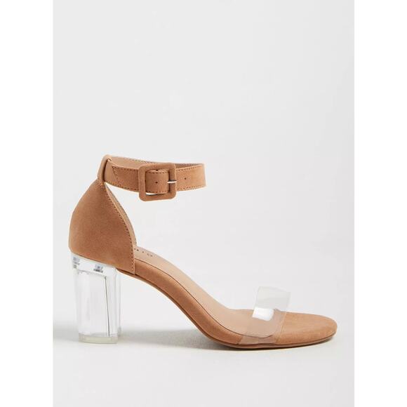 NWT Torrid Translucent Block Heel Faux Suede Camel Sandal Shoe Plus Size: 7.5W - Picture 2 of 8